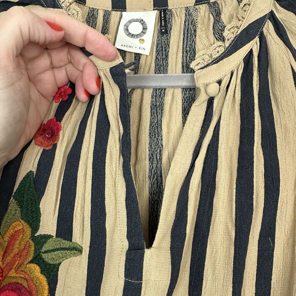 Anthropologie Akemi + Kin Manuela Blouse Womens M Black Tan Stripe Embroidered - Picture 5 of 14